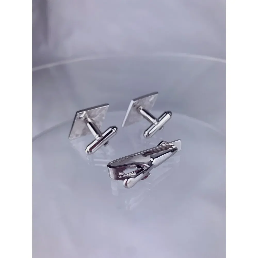 NOS Grey Rhinestone Diamond Silver Tone Cufflinks Tie Pin Shields Vintage O1